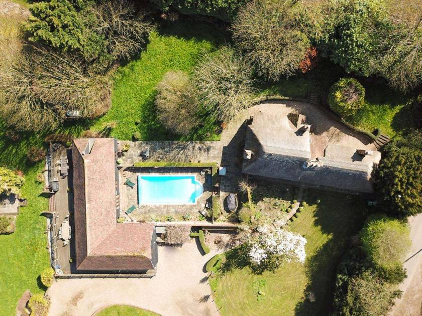 Aerial showing Farmhouse Pool and Barn